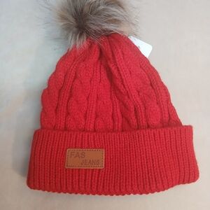 Red Youth Cable Knit Pom-Pom Beanie